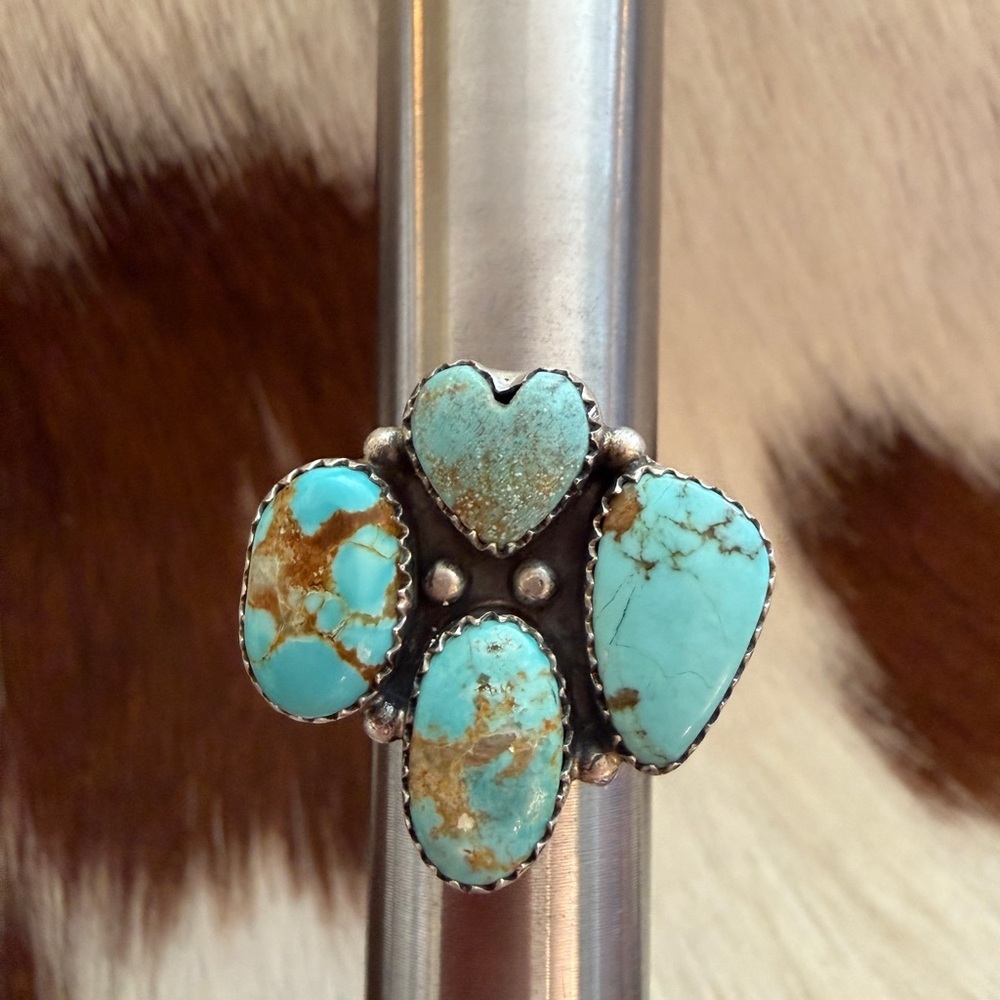 ❤️ #8 Turquoise Navajo Style 4 Stone Heart Statement Ring Adj Unisex 7.8 Gms 925 - Picture 10 of 16